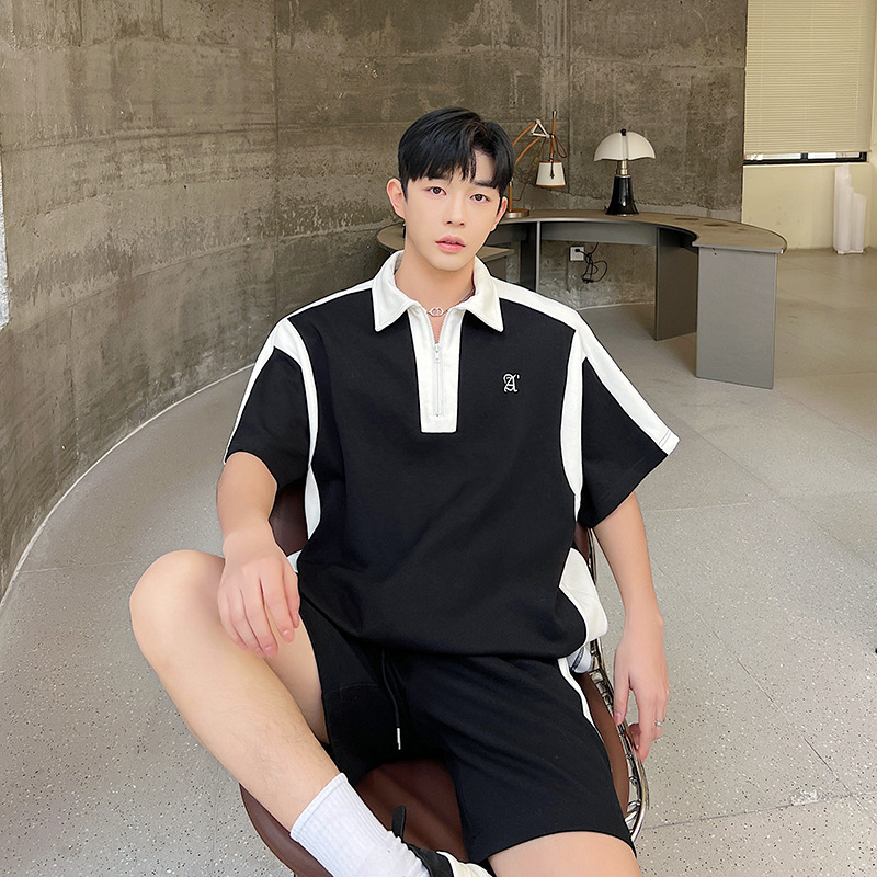 Summer Ins Trendy Brand Casual Sports suit Men's POLO Shirt T-Shirt Contrast Top Korean Style with Shorts Two-piece Set