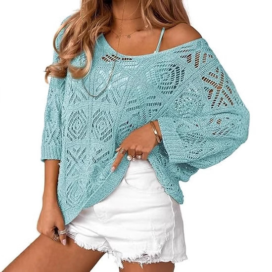 Amazon Cross-border European and American Foreign Trade 2025 Spring and Summer Crochet Hollow Seven-point Sleeve Pullover Sweater Knitted Bat