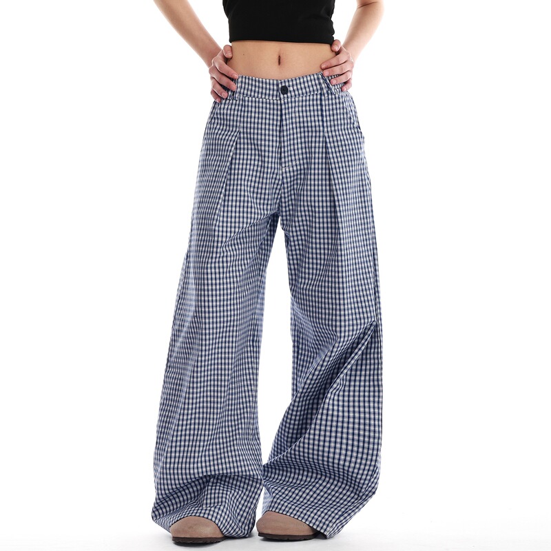 2025 New Pleated Blue Plaid Pants Thin Casual Pants Women's Summer American Style Loose Wide-Leg Pants
