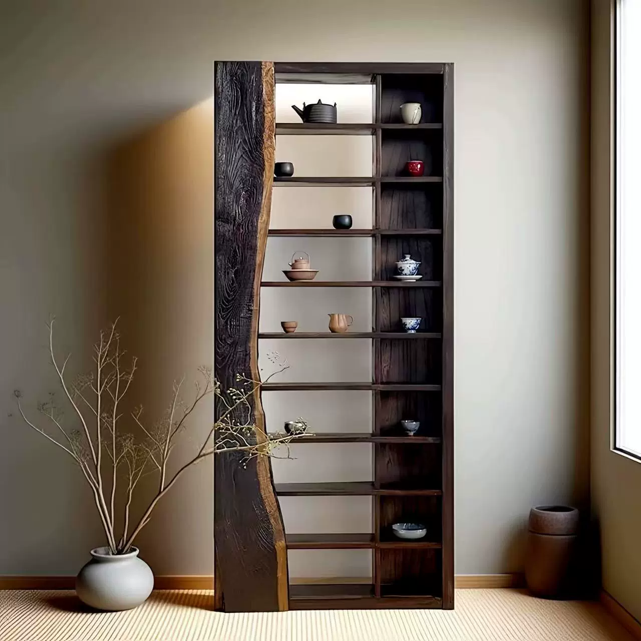 侘寂风中古置物架茶室茶杯茶具多宝阁实木柜子收纳博古架展示柜
