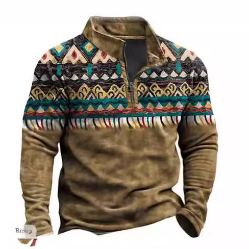 Polo de manga larga con media cremallera, estilo étnico, estampado en 3D, estilo europeo y americano, para venta transfronteriza