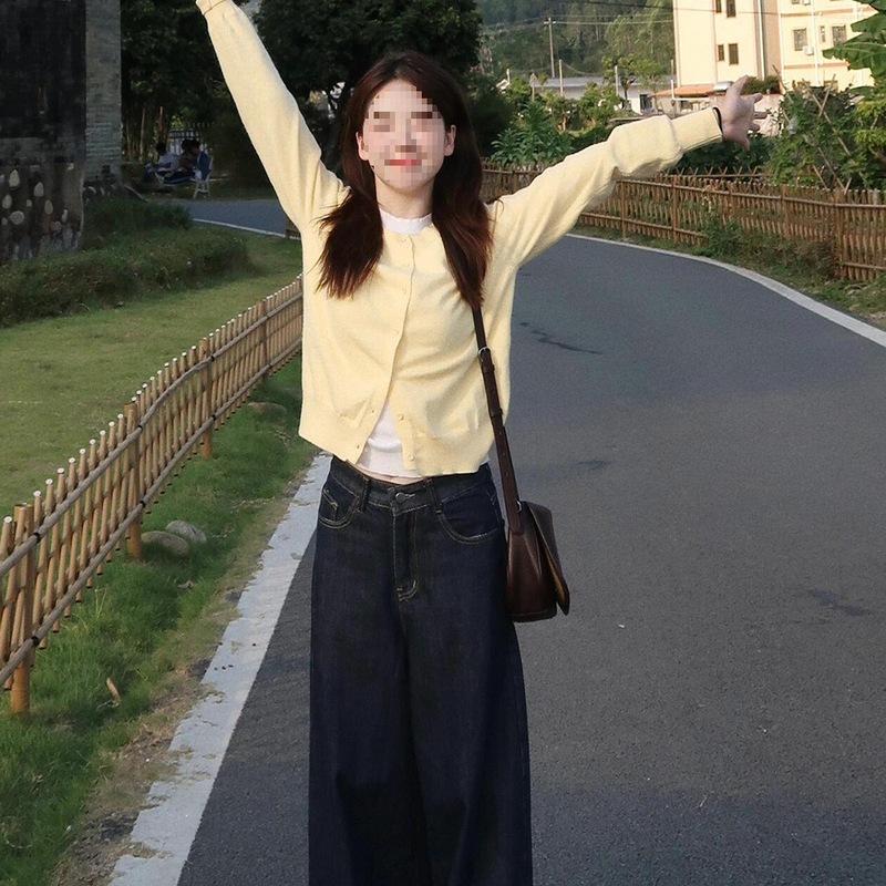 跨境拼色假两件针织开衫女慵懒风长袖毛衣春季显瘦小众外套黄色冰|undefined