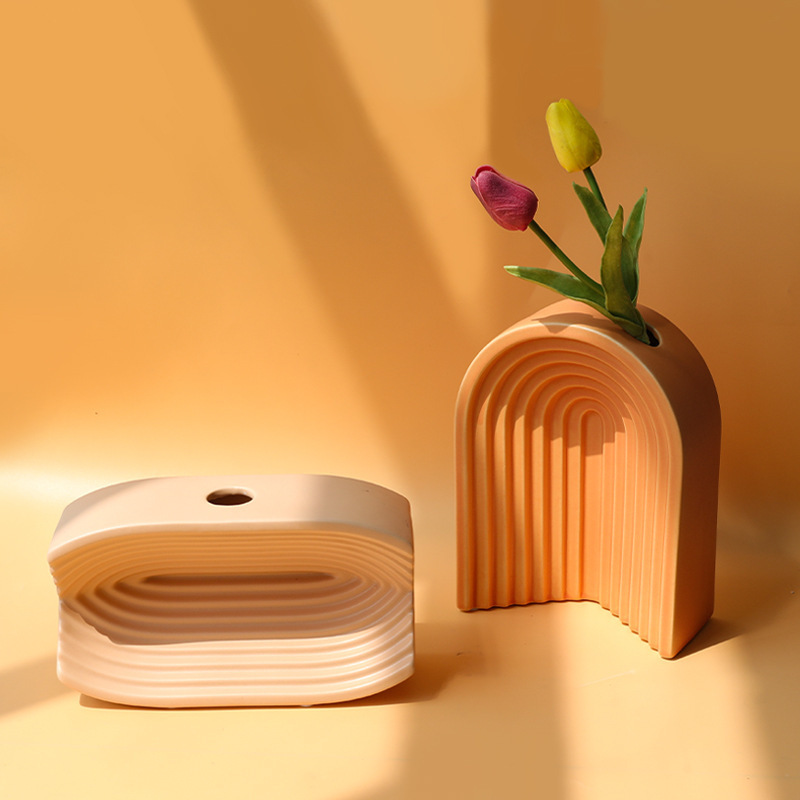 Nordic simple geometric striped ceramic vase modern home hotel model room dry flower flower arrangement soft decoration