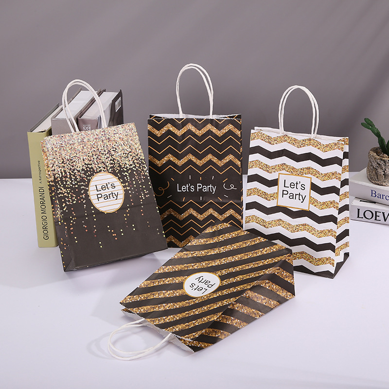 时尚设计派对礼品包装袋现货批发现代简约条纹礼物手提袋牛皮纸袋