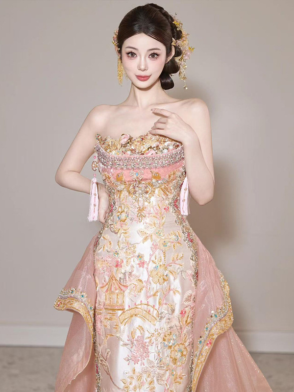 新中式订婚礼服2025新款粉色重工敬酒服小众轻奢宴会晚礼服礼裙女|undefined