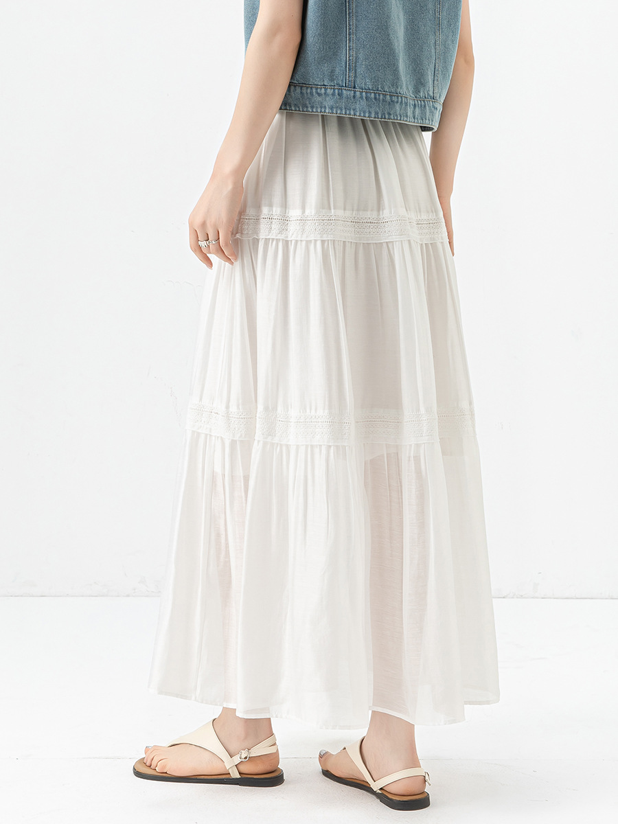 Chân váy chữ A xếp tầng ren phối lưới Tencel linen mỏng mùa hè kiểu Pháp — Màu trắng