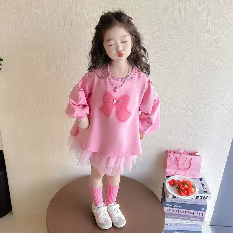 Платье с бантом для девочек Сладкая иностранная детская весна и осень платье принцессы маленькая девочка с длинными рукавами свитерская юбка