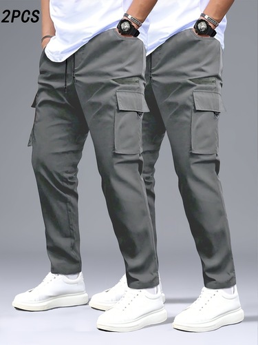 2 Pieces Men's Cargo Pants Black Gray with Drawstring Waist Cross-border