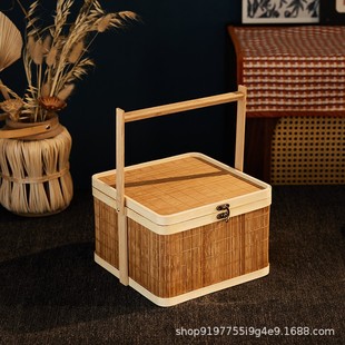 Bamboo Basket Zongzi Moon Cake Hairy Crab Cured Meat Sausage New Year's Goods Bamboo Basket Bamboo Wavings Portable Bamboo Basket Packaging Gift Box