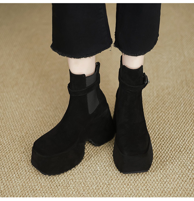 Boot Chelsea nữ cổ thun đế xuồng gót vuông mũi vuông phong cách bụi — Lót đơn màu hạnh chi tiết 12