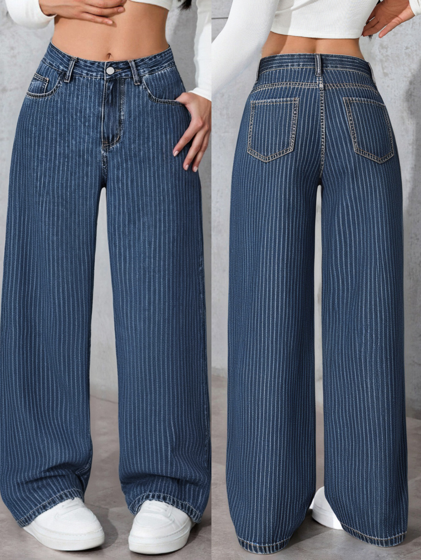 Women's High-Waisted Straight Leg Jeans Size 26 Sweet And Spicy Style Casual Striped Trousers Top Selling_mkmklike.com
