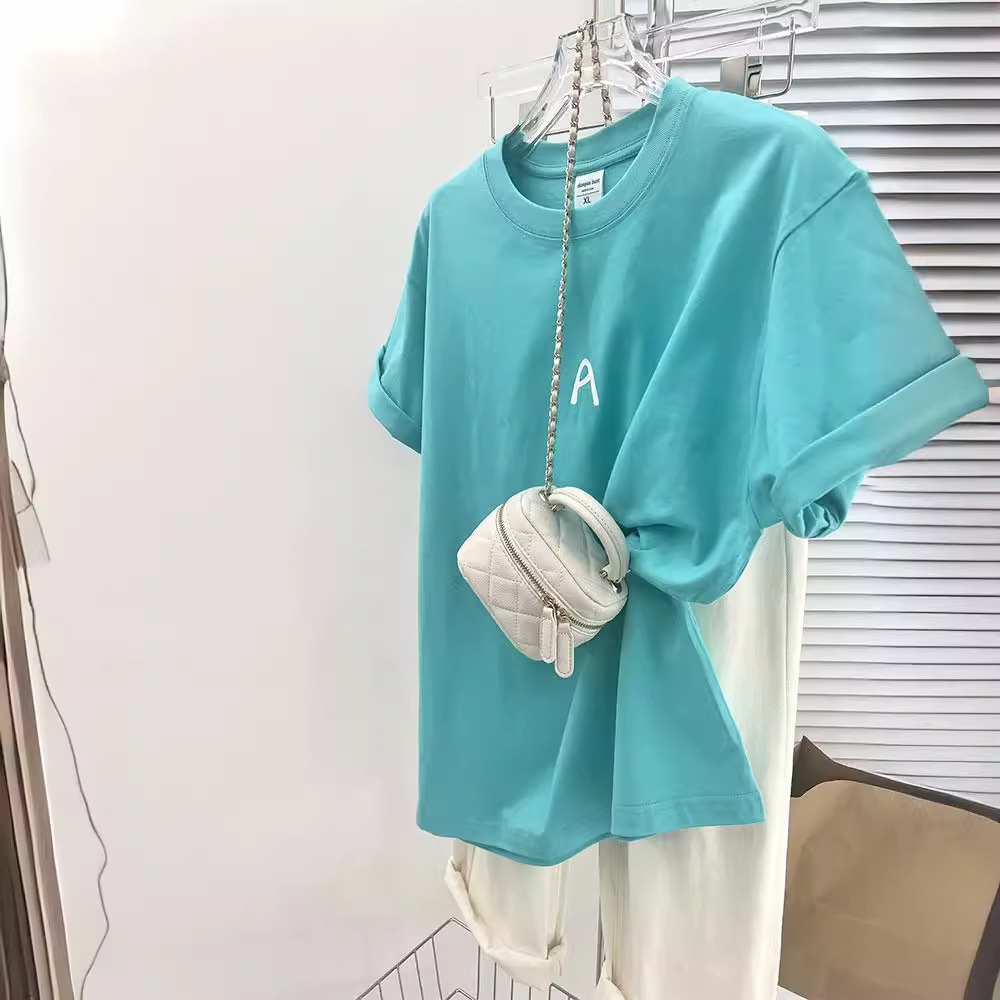 Blue cotton summer short sleeve T-shirt with a round collar