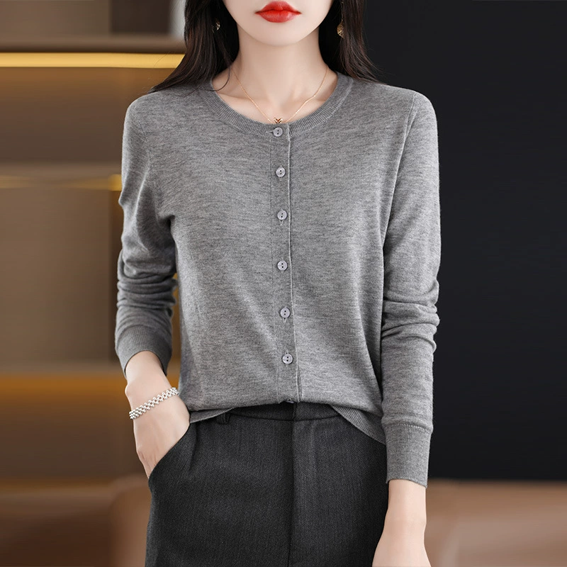 Серый элегантный шерстяной кардиган с длинными рукавами для женщин, тонкий крой, топ на раннюю осень 2025, свитер-жакет с круглым вырезом.