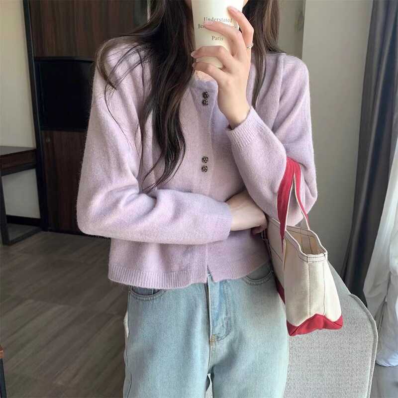 Sweet and Gentle Rose Button Knitwear Cardigan Short Top Wavy Lace Round Neck Long-Sleeved Knitwear Jacket