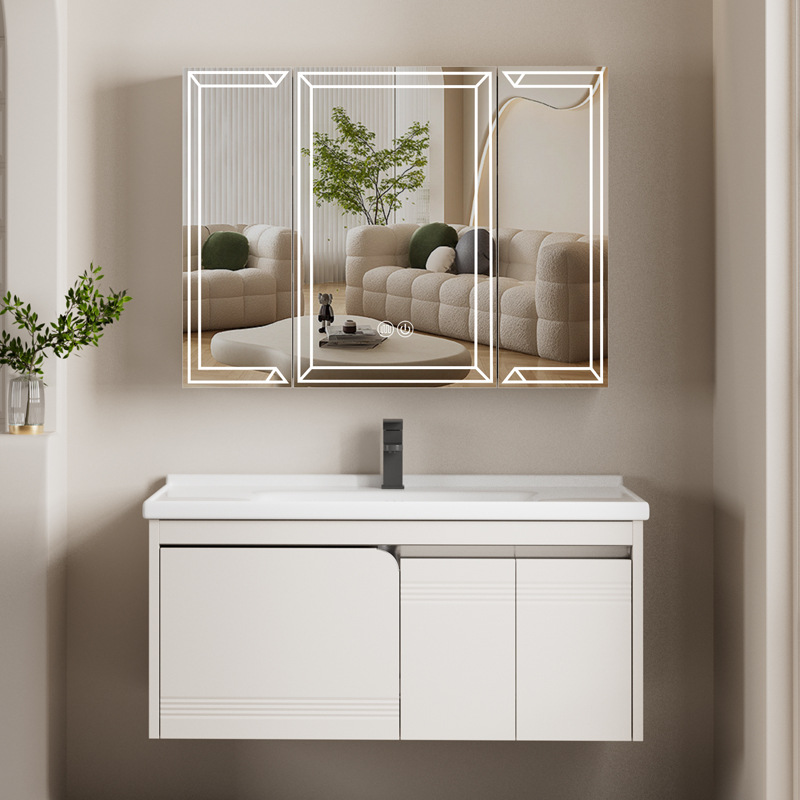 Nuevo gabinete de baño de acero inoxidable tipo pequeño gabinete de baño de aire crema moderno y simple lavabo cerámico combinado en uno
