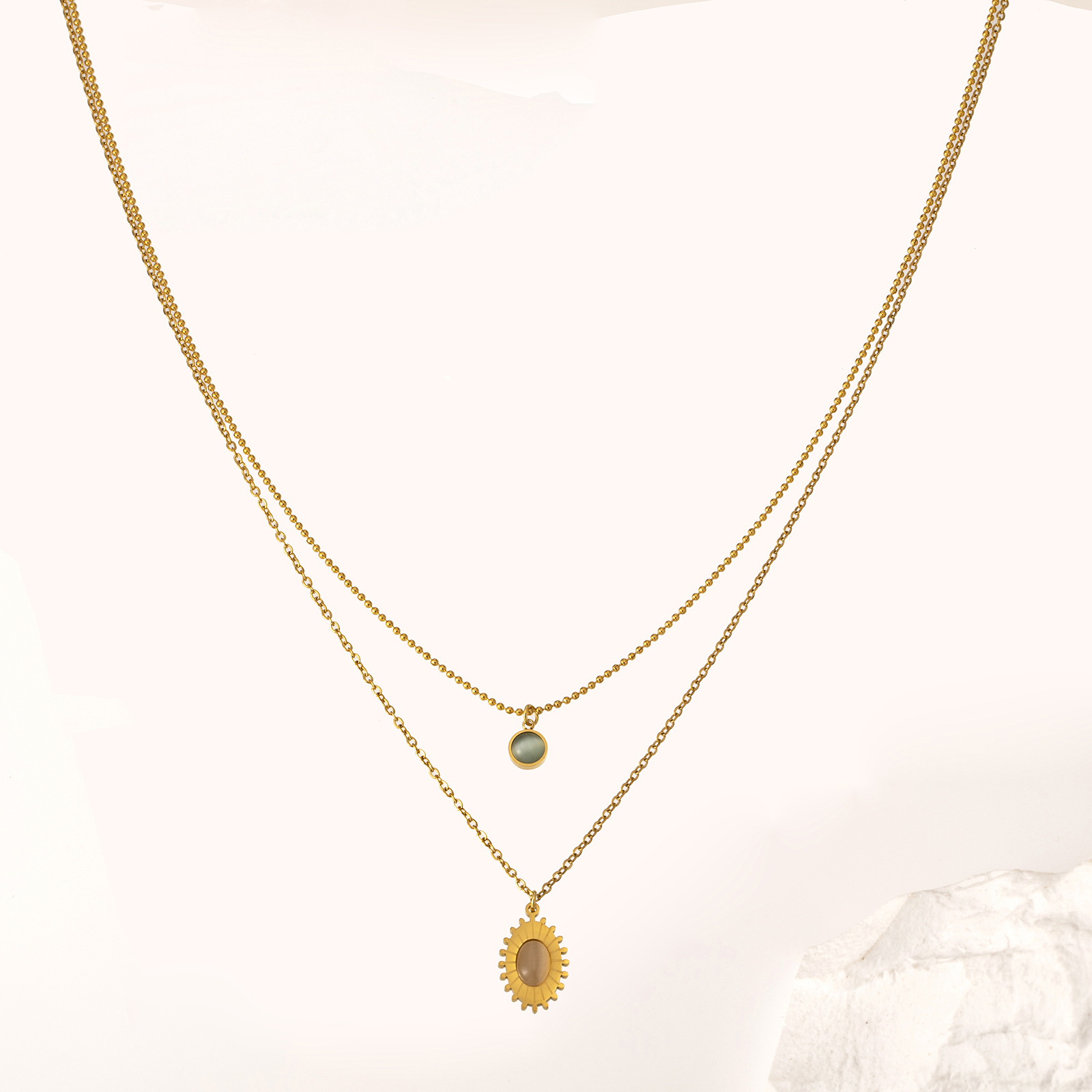 Fashion Oval Stainless Steel Titanium Steel Plating Inlay Opal Layered Necklaces 1 Piece