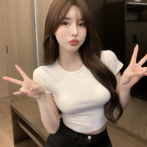 Korean short pure desire exposed navel round neck regular shoulder short sleeve t-shirt for women, Korean style tight and slim women's T-shirt