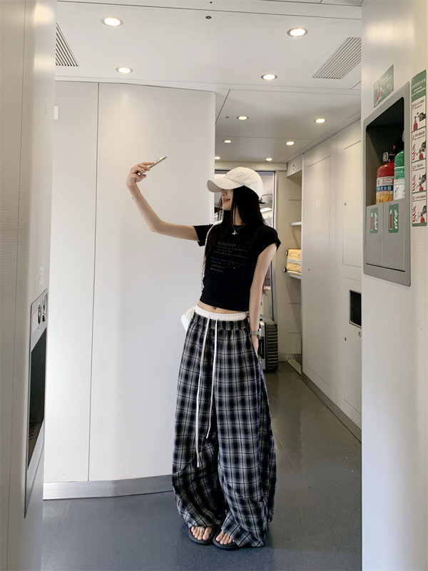 美式潮牌拼接假两件双腰头格子裤男女复古慵懒风宽松阔腿休闲裤子|undefined