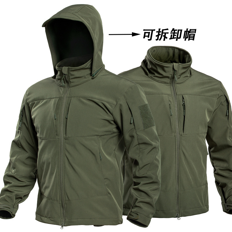 Outdoor soft shell jacket with fleece lining for men, sharkskin detachable hood, multi-pocket hiking jacket Outdoor soft shell jacket with fleece lining for men, sharkskin detachable hood, multi-pocket hiking jacket