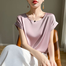 圆领缎面仿真丝薄款背心女2024夏季新款宽松短袖T恤女装上衣