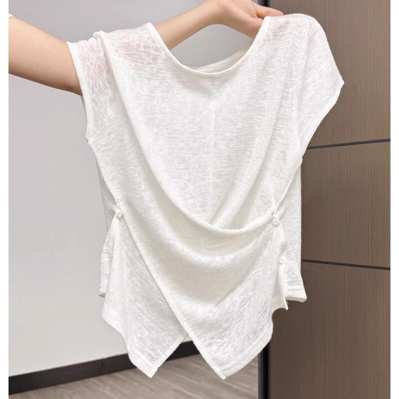 Irregular Cross Round Neck Short-Sleeved T-Shirt for Women 2025 New Summer Thin Accessible Luxury High-End Small Flying Sleeve Top Irregular Cross Round Neck Short-Sleeved T-Shirt for Women 2025 New Summer Thin Accessible Luxury High-End Small Flying Sleeve Top