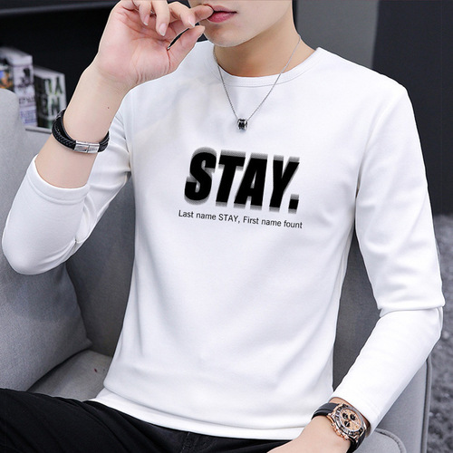 Autumn New Long-Sleeved T-Shirt for Men — Autumn New Thin Korean-Style Slim-Fit Trendy Printed Top in Stock, Men's Clothing