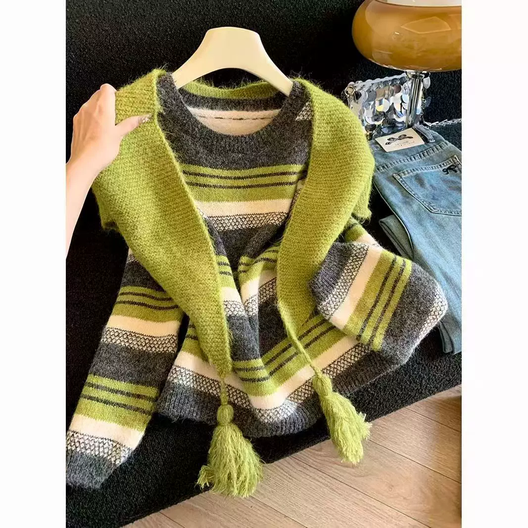 两件套毛衣+围巾绿色条纹正肩女春秋冬新款针织披肩叠穿披肩圆领