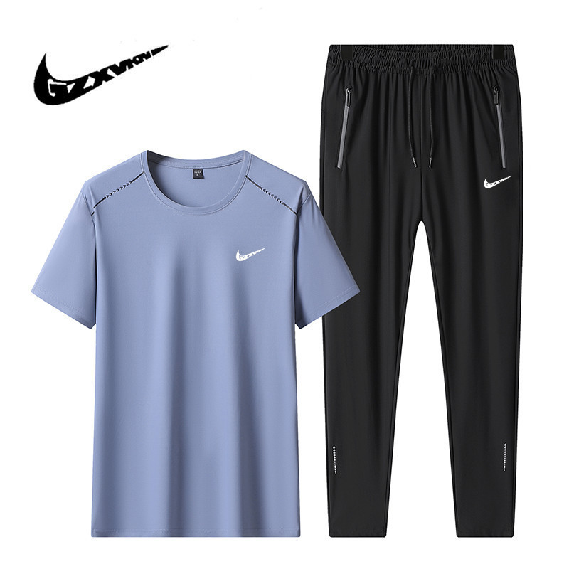 New Fashionable Casual Sports Ice Silk Suit for Men, Loose Round Neck Short-Sleeved Trousers, Lightweight and Quick-Drying Two-Piece Set