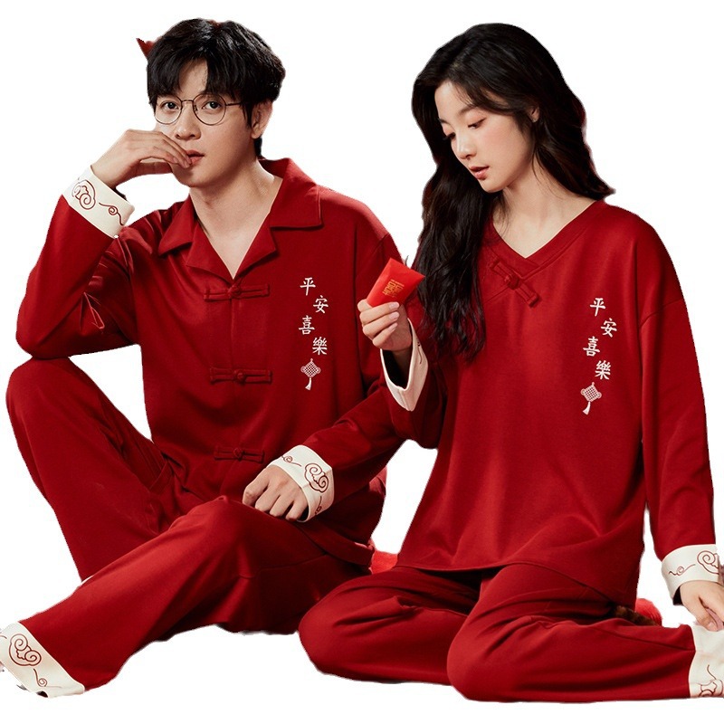남성과 여성을위한 인생의 해를위한 하이 엔드 레드 웨딩 커플 잠옷 라이크라 퓨어 코튼 박테리아 국립 스타일 탕 세트 긴팔 홈 옷