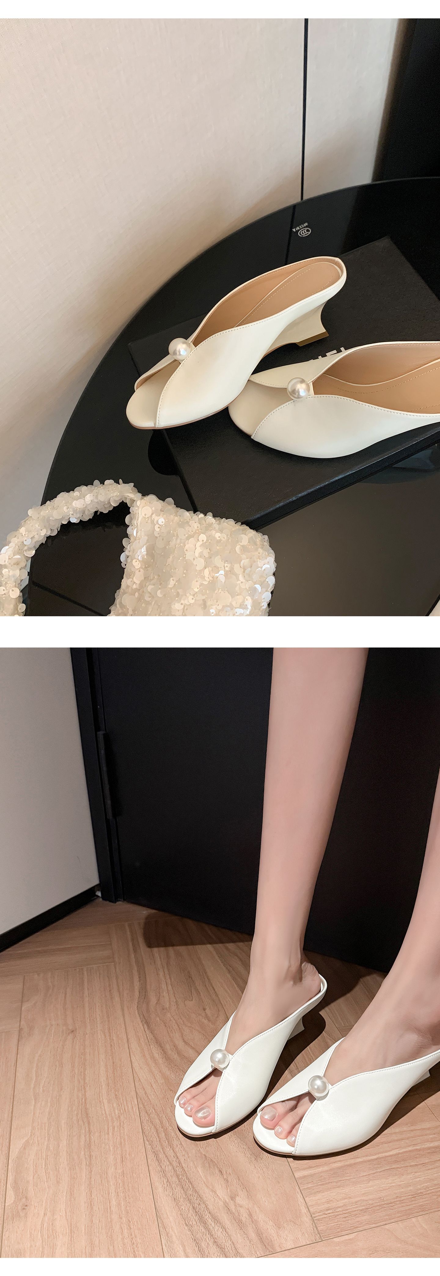 Sandal cao gót nữ hở mũi phong cách Chanel, gót xuồng 7 cm, quai ngang, đi biển hè — màu đen, màu hồng, màu trắng chi tiết 9