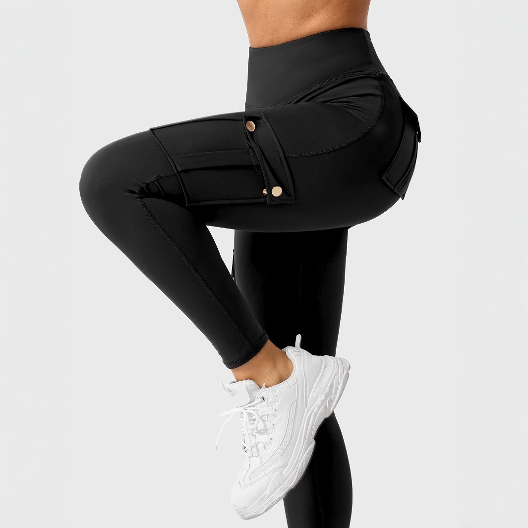 국경을 넘은 포켓 작업복 피트니스 바지 여성용 고탄력 타이트 요가 바지 속건성 러닝 힙 리프팅 바지 바디 셰이핑 유럽 및 미국