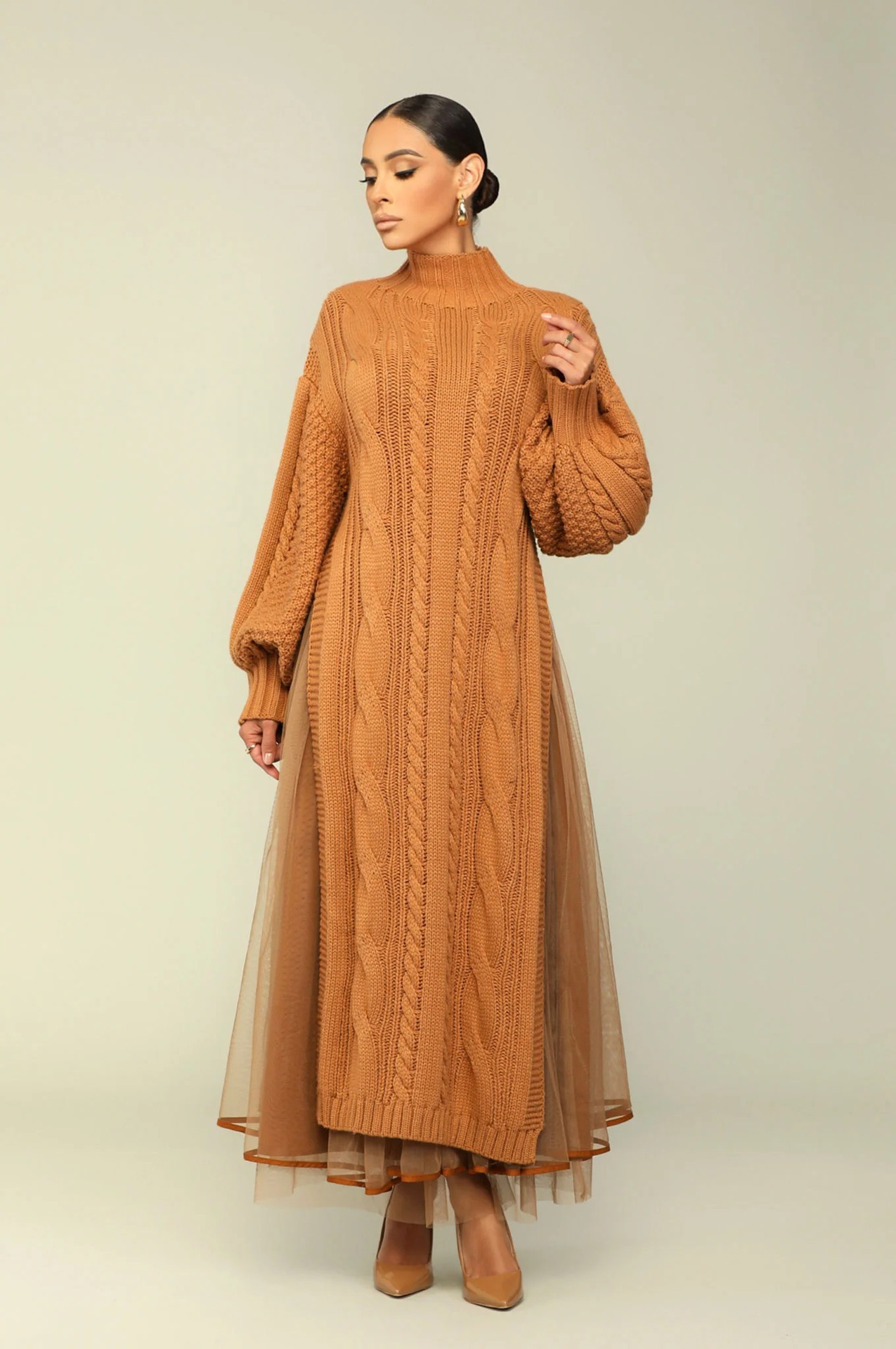 Women's Clothing women's fashion solid color lantern sleeve stand collar knitted skirt sweater skirt dress two piece suit_voghion.com