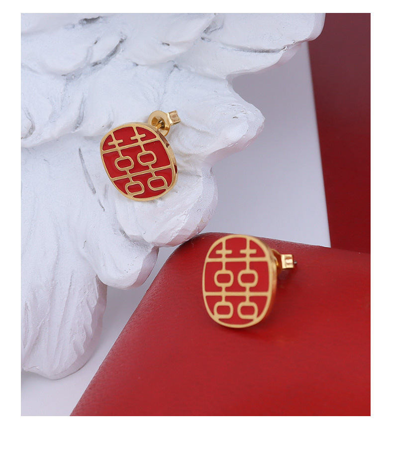 Chinese Style Retro Festive Double Happiness Red Drop Oil Earrings display picture 5