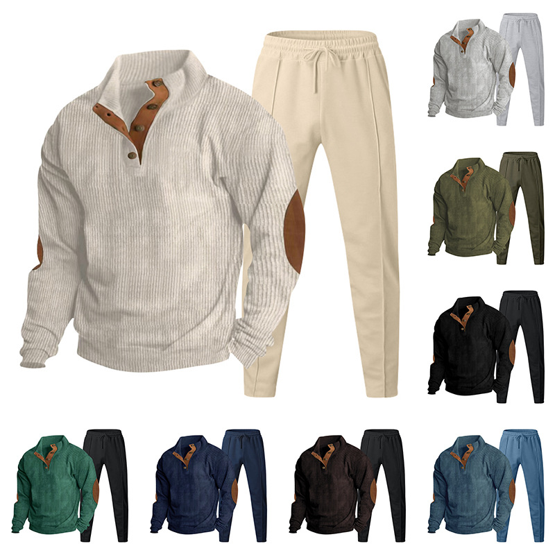 Abbigliamento da uomo casual, completo con pantaloni e felpa in velluto a coste con colletto alto e maniche lunghe_voghion.com