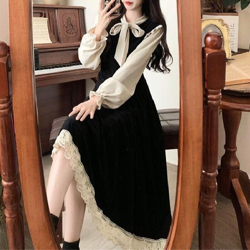 Velvet Skirt 2025 Autumn Korean Retro Bow High Waist Long Skirt Winter Tummy Covering Slimming Elegant Dress