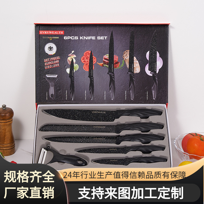 공장 직접 치킨 테일 핸들 스테인레스 스틸 나이프 6 종 페인트 주방 나이프 세트 세트 유럽과 미국의 칼 선물 상자