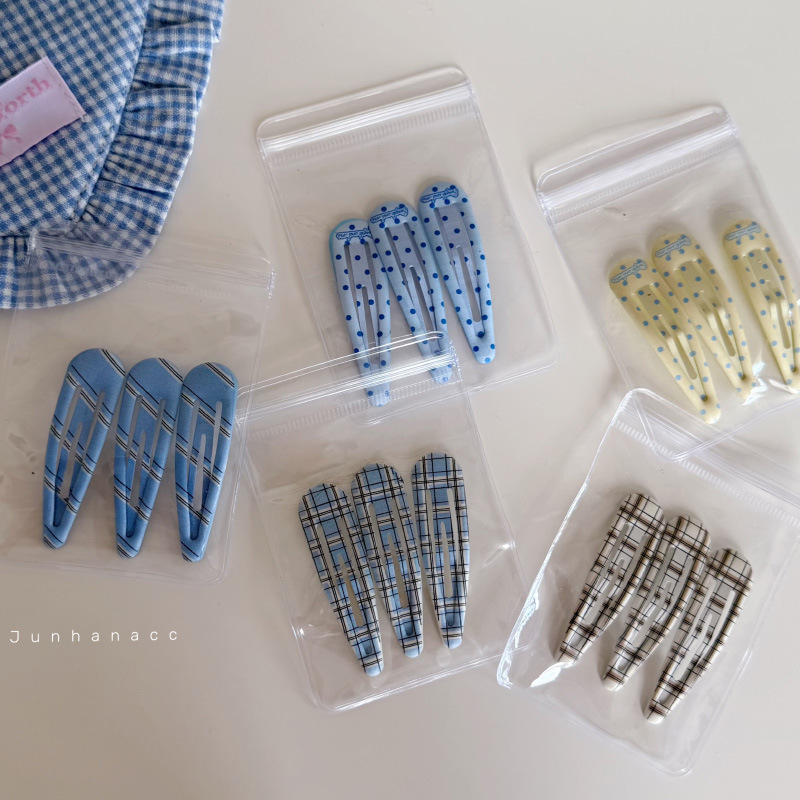 ガールチェック柄ブルーヘアピンウォータードロップBBクリップブロークンヘア前髪クリップ英国風ドットセットヘアピン|undefined