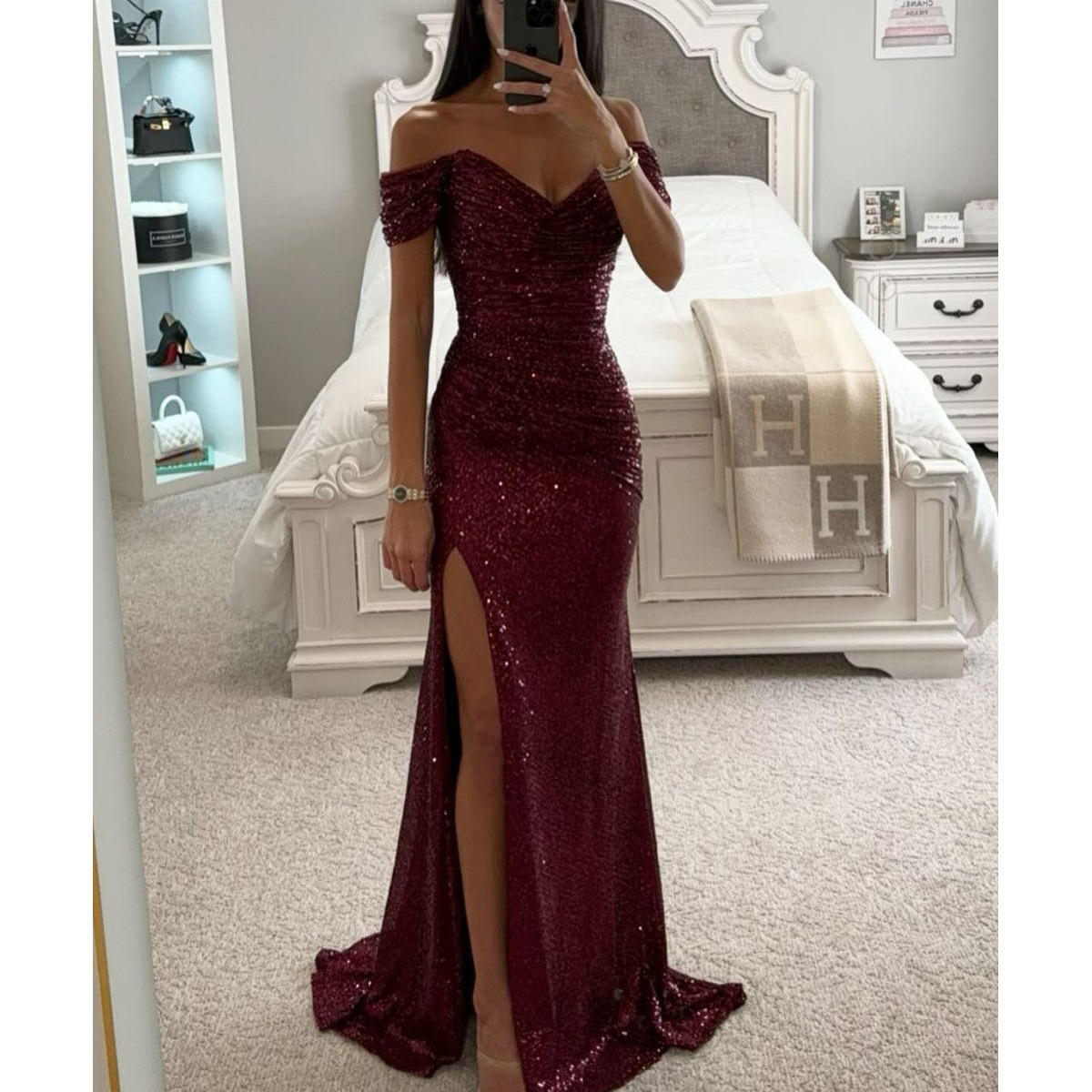 Cross-Border Wholesale European and American Clothing Dresses, Sequined One-Line Collar Slit Long Skirts, Fashionable Banquet Skirts, Sexy Dress Skirts