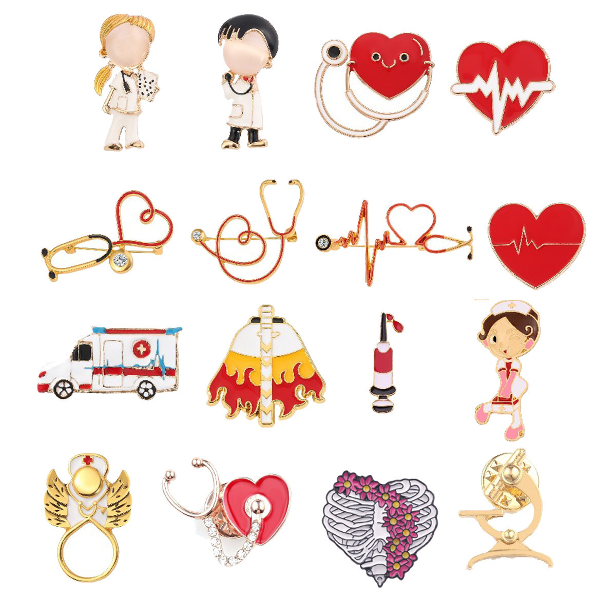 Europeo y americano joyería serie médica metal esmalte broche estetoscopio ECG masculino y femenino doctor enfermera insignia