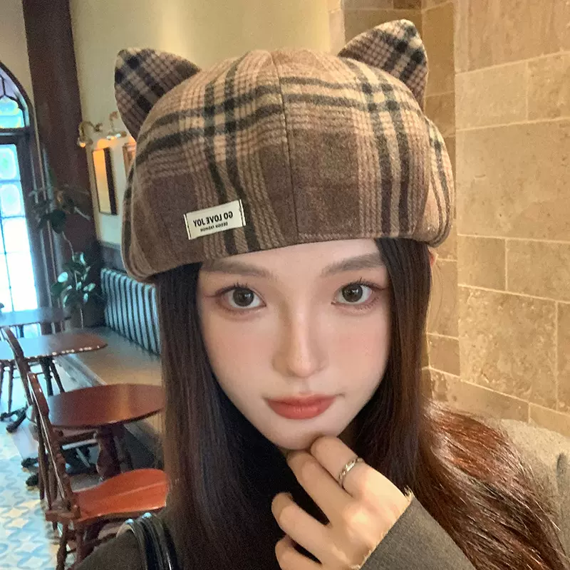 经典格子贝雷帽英伦百搭文艺画家帽秋冬毛呢保暖可爱猫耳朵八角帽