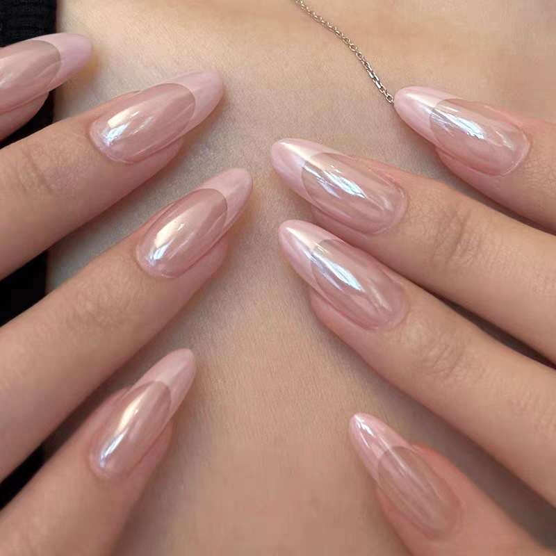 New Model of the Year: Classic, Simple, High-End, Hailey Pink, French-Style Electroplated, Medium-Length Almond-Shaped Finished Nail Tips