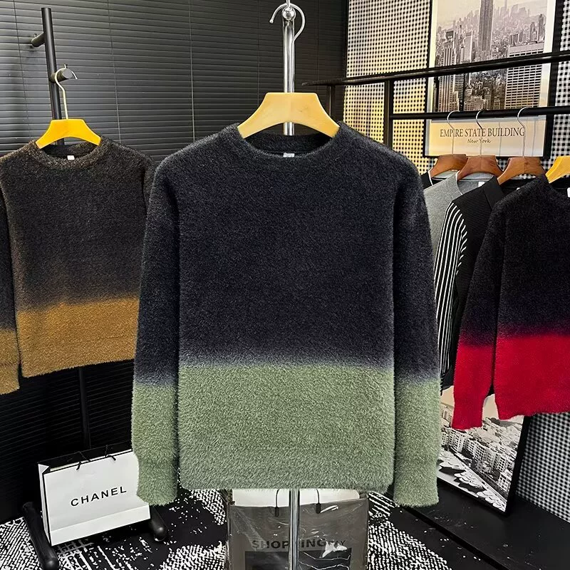 Модный бренд градиентный свитер мужской осенний и зимний имитационный норковый свитер мужской 2024 новый мужской рубашка