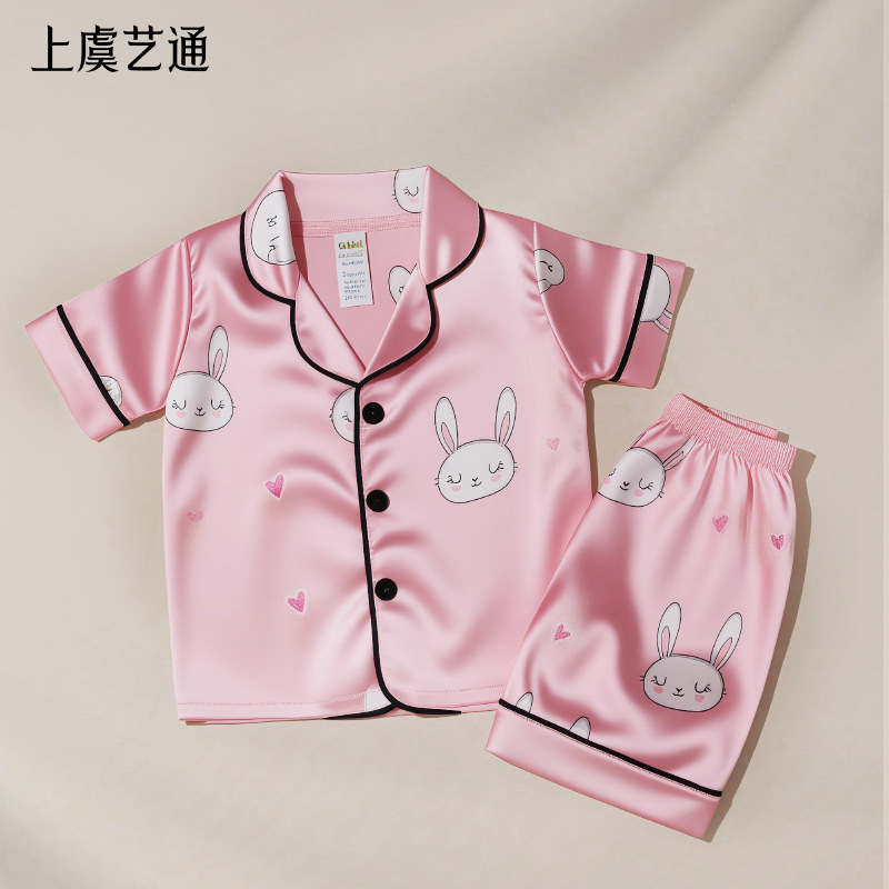 Girls' Cartoon Rabbit Ice Silk Clothing Summer Imitation Silk Short-Sleeved Baby Set Kidsren's Short-Sleeved Indoor Pajamas