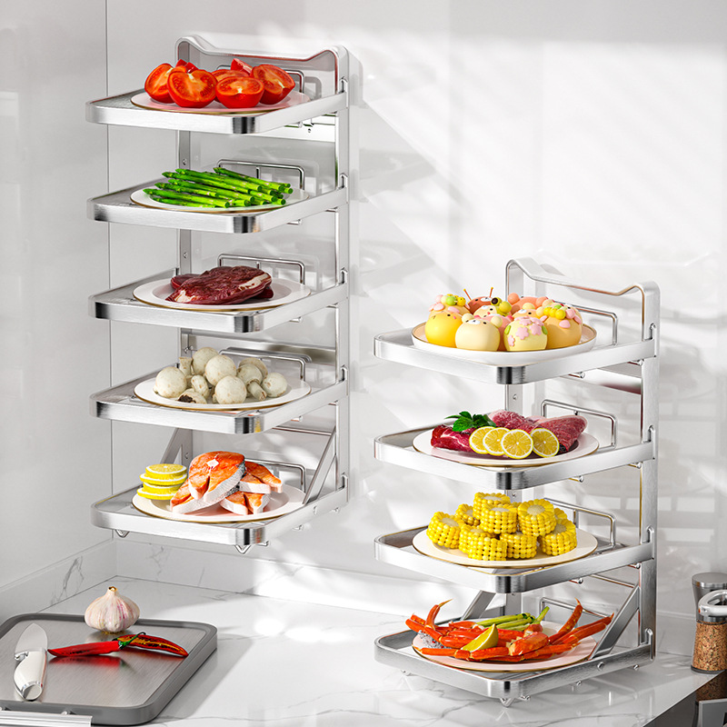 Stainless Steel Kitchen Storage Rack, Foldable Food Preparation Rack, Multi-Layer Wall-Mounted Countertop Vegetable Rack