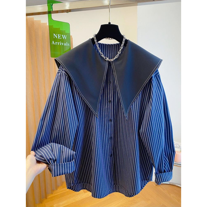 Korean Doll Collar Long-Sleeve Shirt for Women, Spring 2026 New Style, Loose Striped Shirt with Large Turn-Down Collar, Navy Collar Top