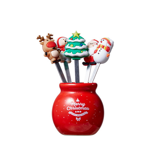 Christmas cartoon fruit fork household stainless steel storage jar set cute and safe fruit picks for children