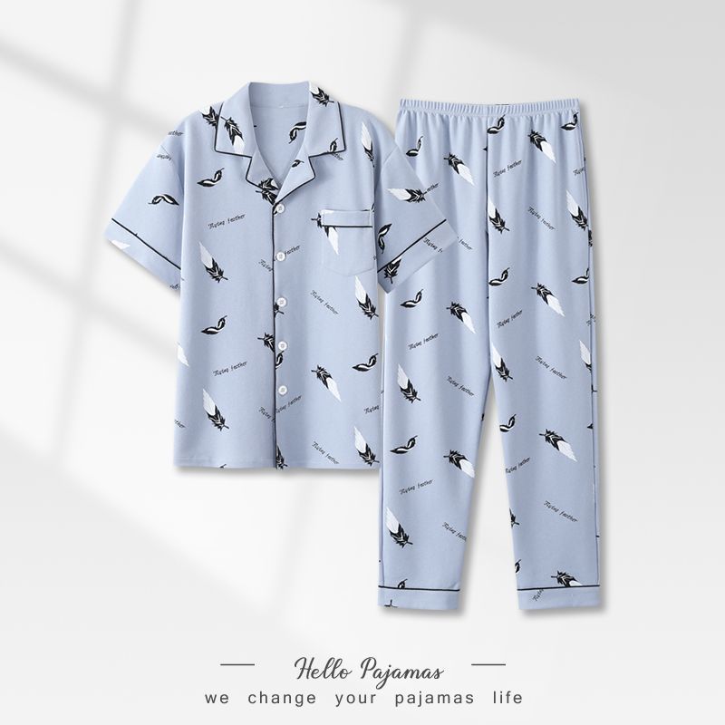 Pijama de hombre algodón de verano pantalones largos de manga corta ropa de casa primavera y otoño delgada rejilla suelta y tamaño grande conjunto