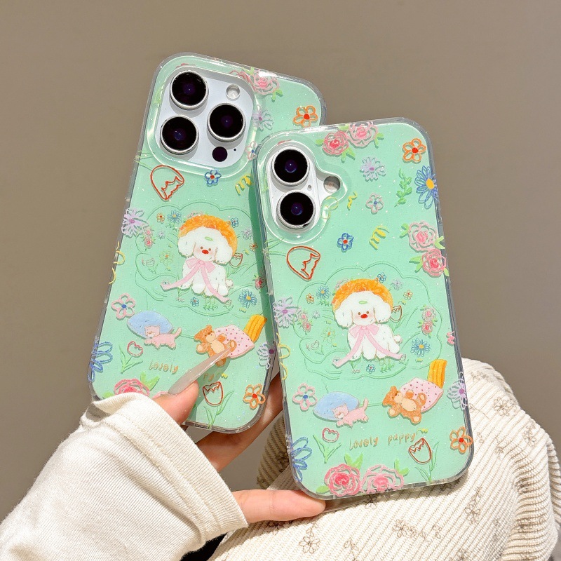 Divertido brillo, graffiti, flores, perros, iphone15ProMax, nueva funda para teléfono móvil de 16PM, Apple 14 femenino