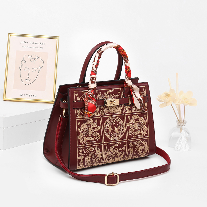 Bolso bordado estilo chino bolso de la mujer de gran capacidad bolso de la madre elegante bordado estilo étnico bolso de la boda Rojo