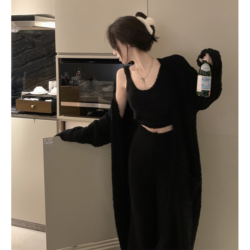 모피 따뜻한 패션 잠옷 세트 여성의 2024 새로운 달콤한 게으른 섹시한 고급 프랑스 홈 옷